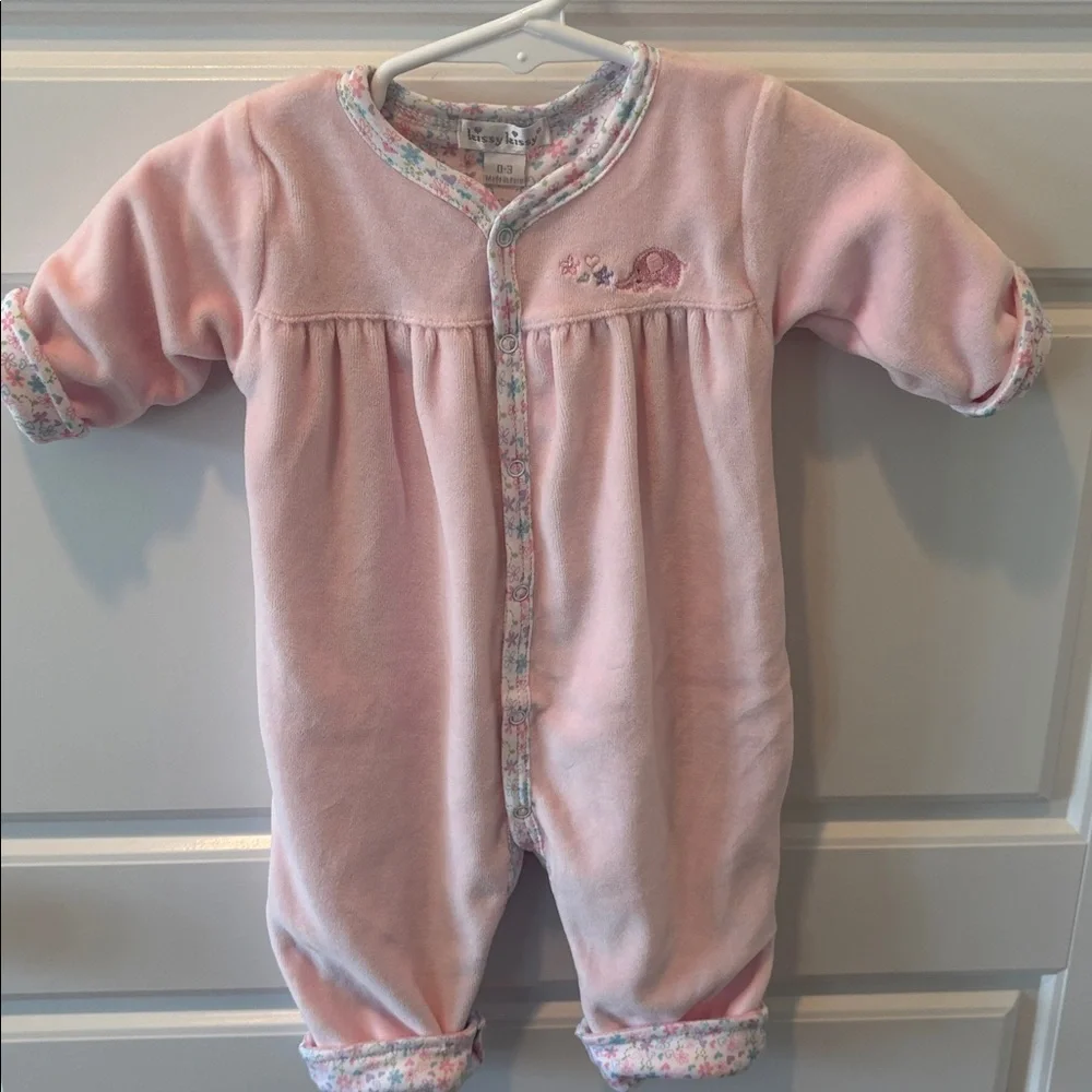 Kissy Kissy Pink Velour Floral-Trim Playsuit Size 0-3 M